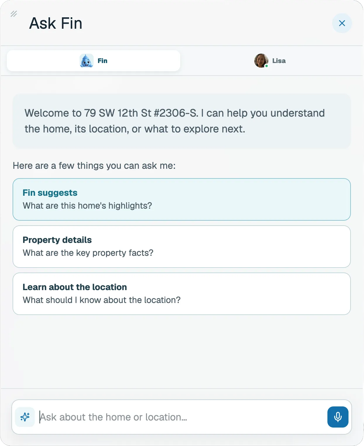 The Ask Fin panel with suggested questions