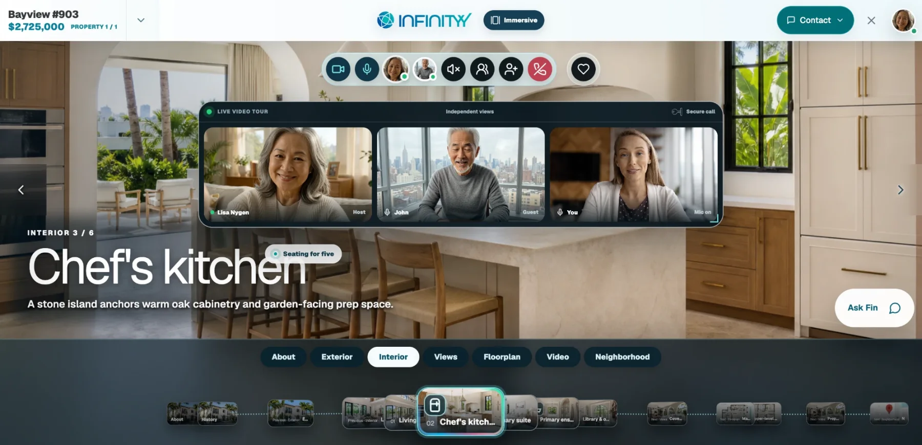 An Infinityy live video tour of a kitchen, with the host and two guests on camera together