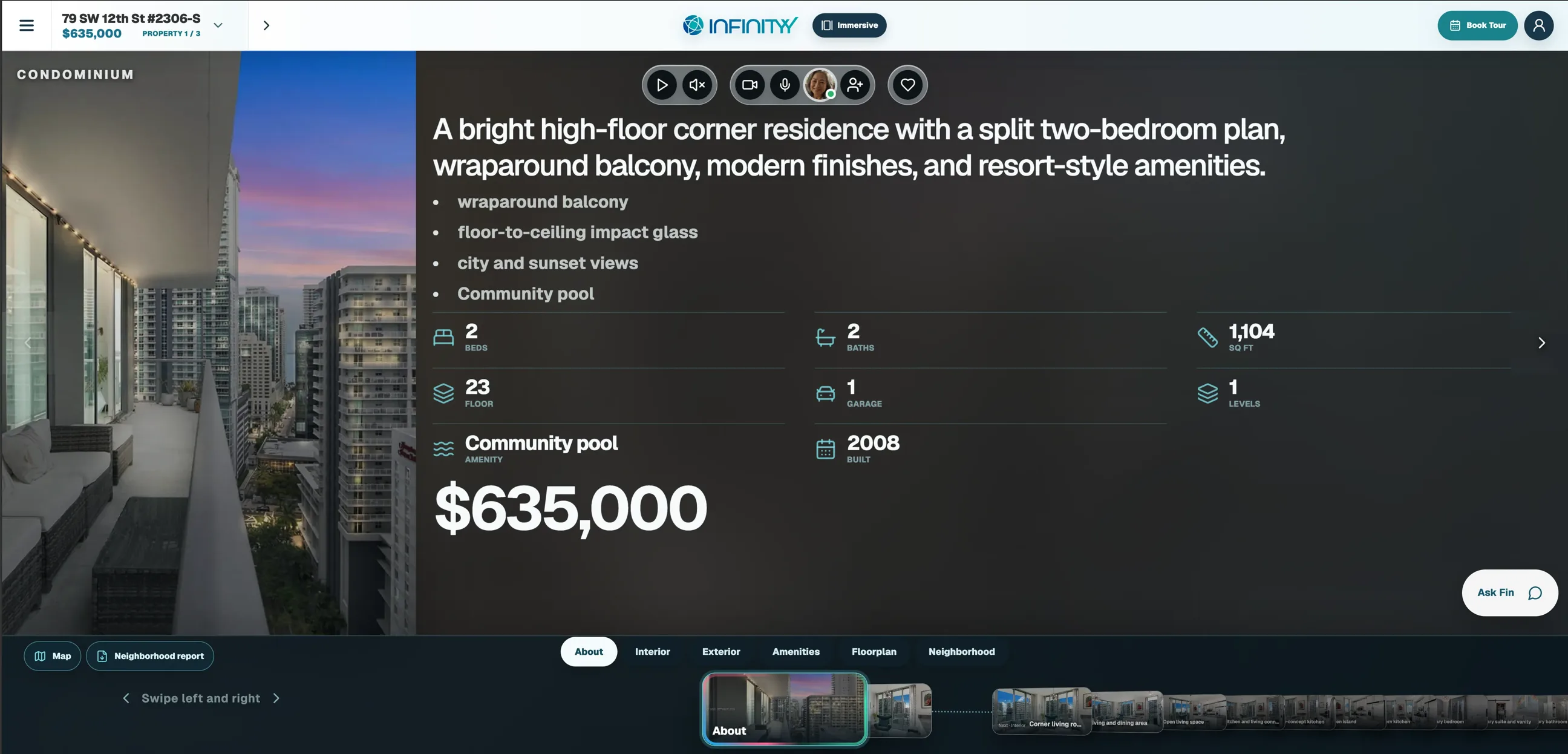 Infinityy property viewer showing the listing story, specifications, room filmstrip and Ask Fin