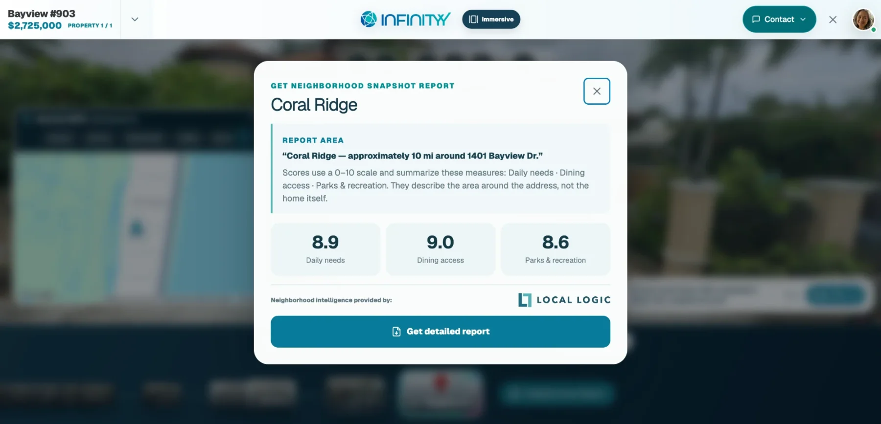 Infinityy's Neighborhood Snapshot report from Local Logic, scoring daily needs, dining access and parks and recreation around the listing