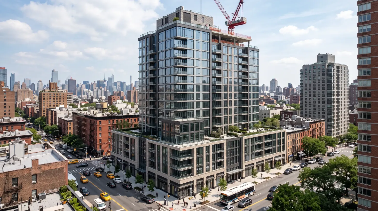 Mixed-use tower under construction in a dense urban neighborhood
