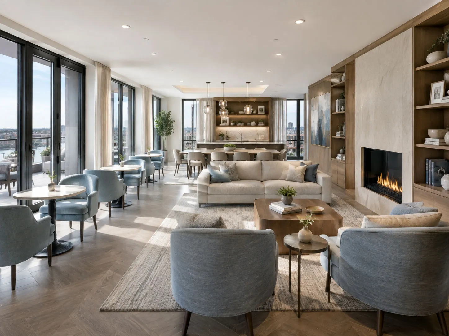Bright gathering room in a senior living community