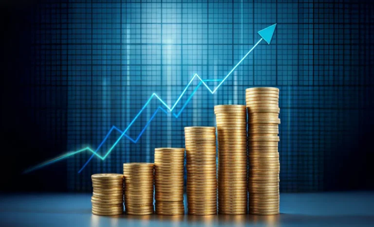 Gold coins on a table with a graph in the background that shows an upward arrow