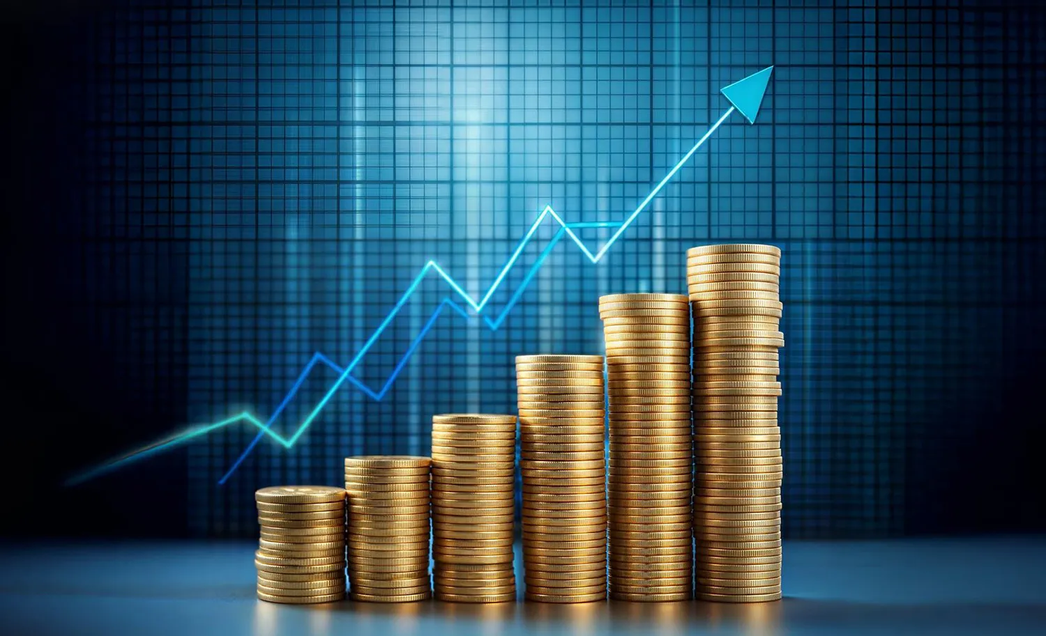 Gold coins on a table with a graph in the background that shows an upward arrow