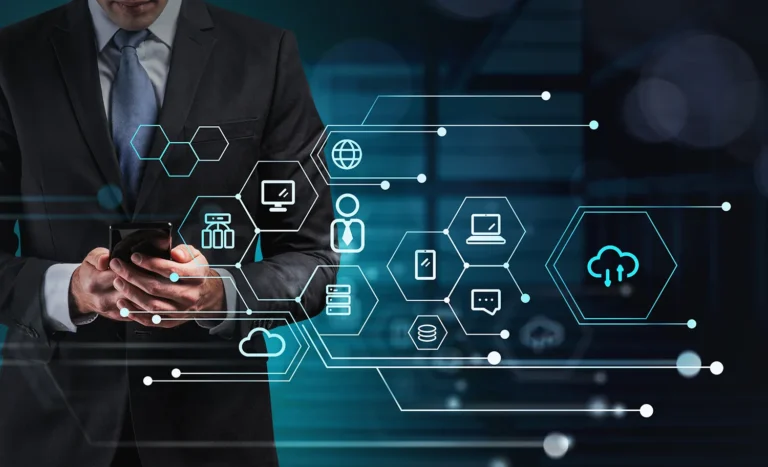 man holding smart phone with hologram icons