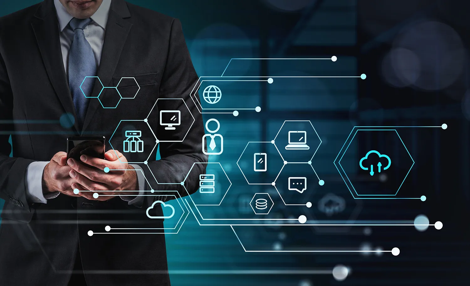 man holding smart phone with hologram icons